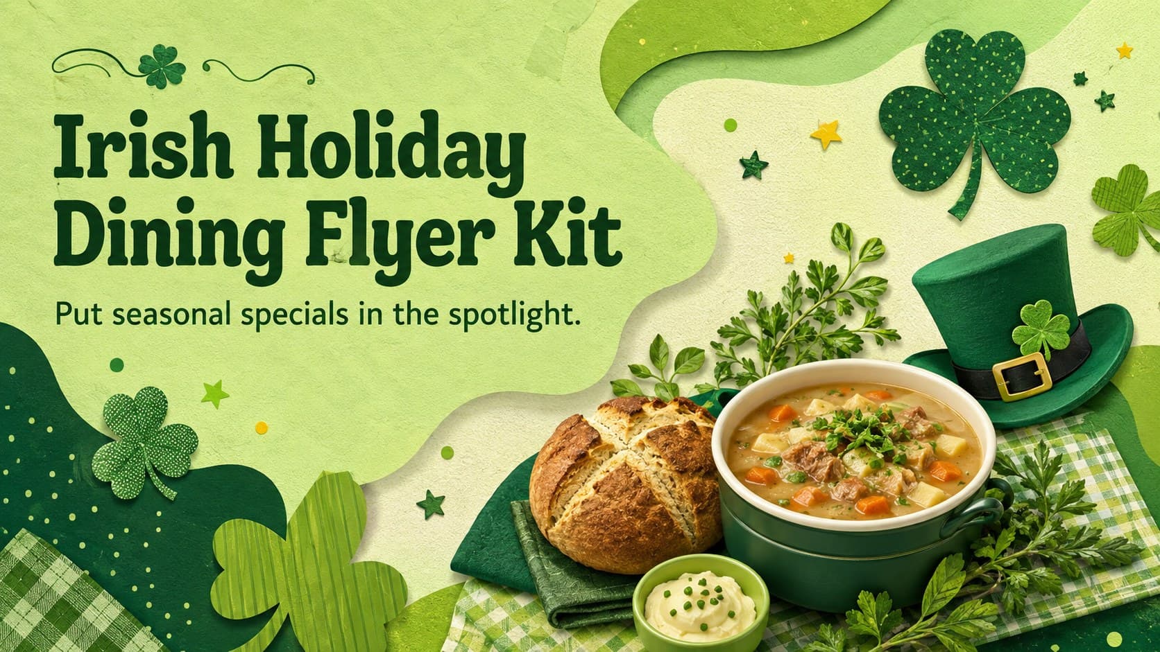 Cover of an Irish holiday dining flyer kit with festive green food illustrations and a bold seasonal headline.