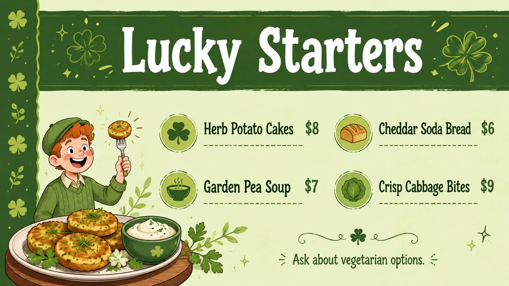 Green Irish pub menu flyer presenting festive starters with illustrated dishes and clearly organized prices.