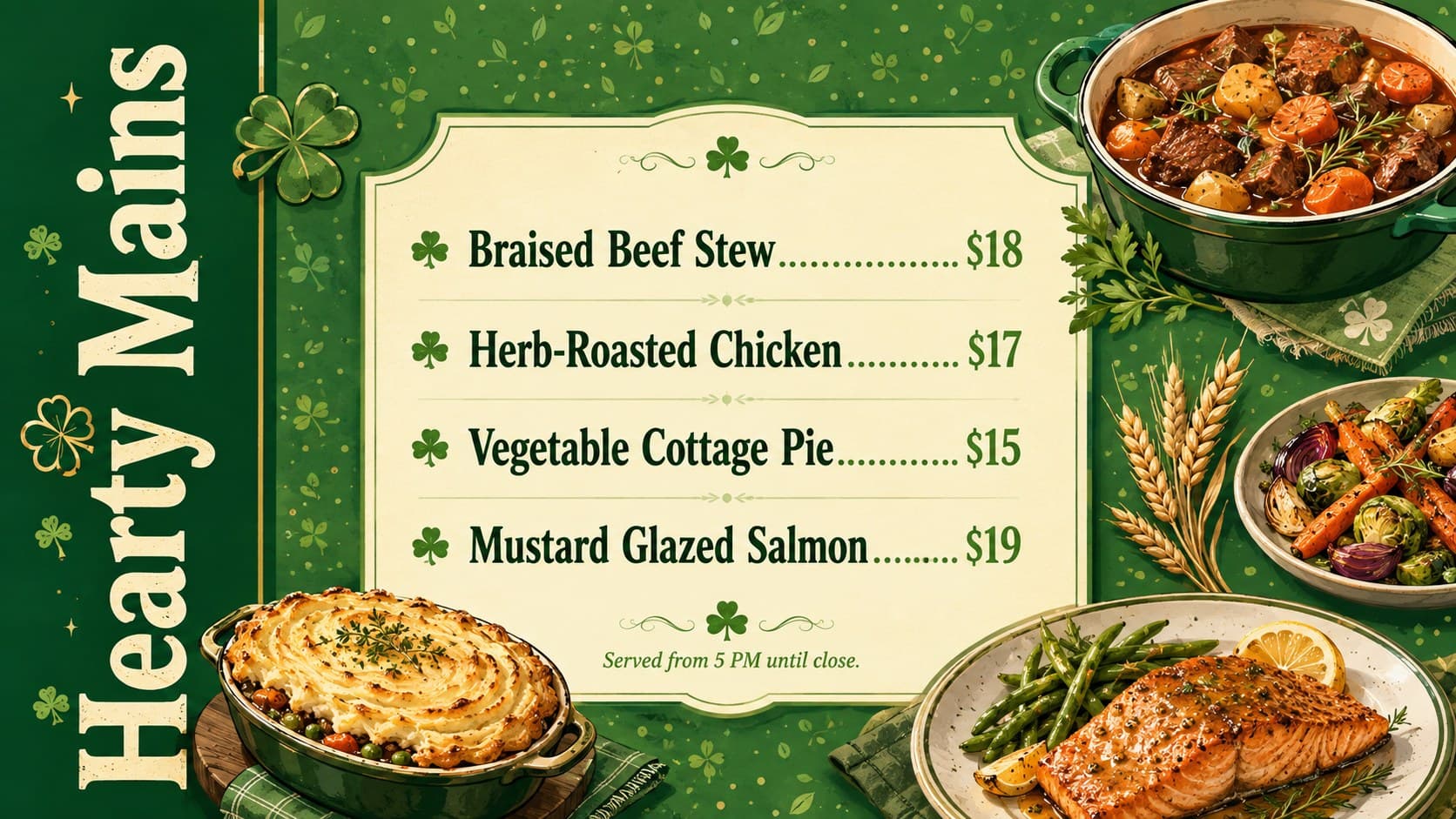 Illustrated St. Patrick's Day restaurant menu template showing hearty seasonal main courses on a green layout.