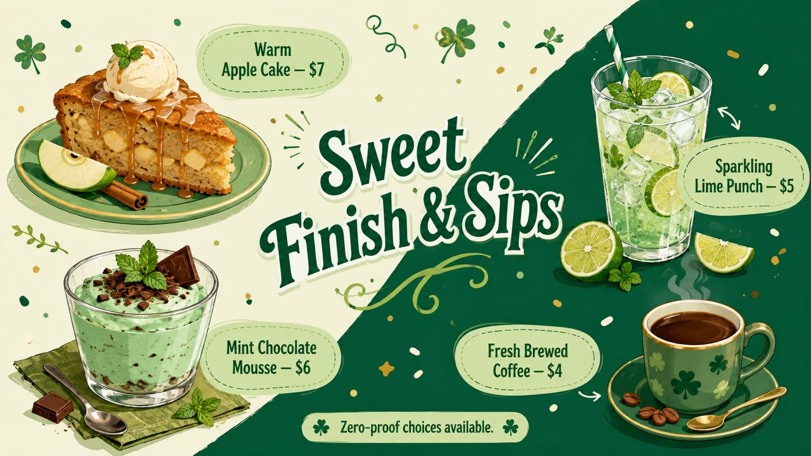 Green holiday food promotion slide featuring an illustrated selection of desserts and festive drinks.