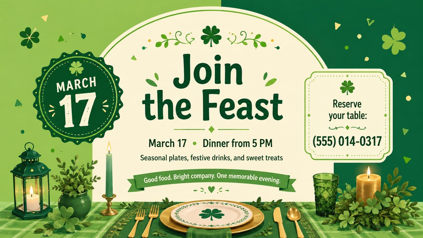 Irish themed event menu design announcing a festive dinner with booking details and green illustrated decorations.