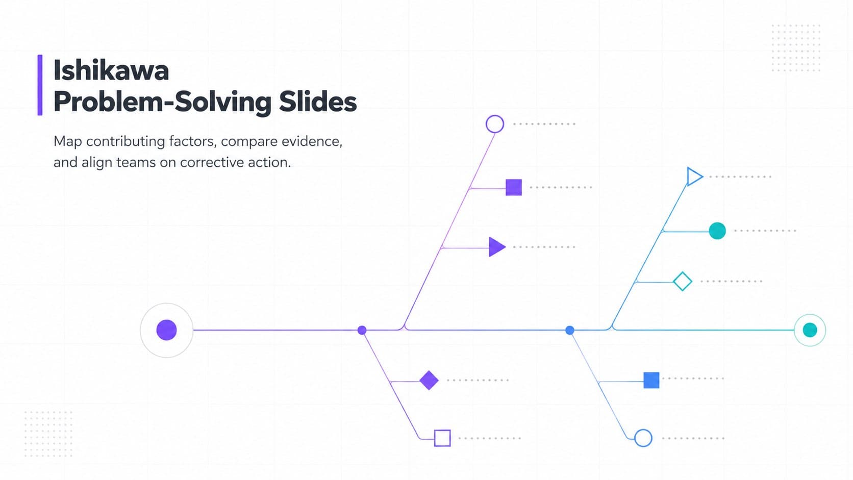 Minimal white cover for Ishikawa problem-solving slides with a precise technical cause-map motif.