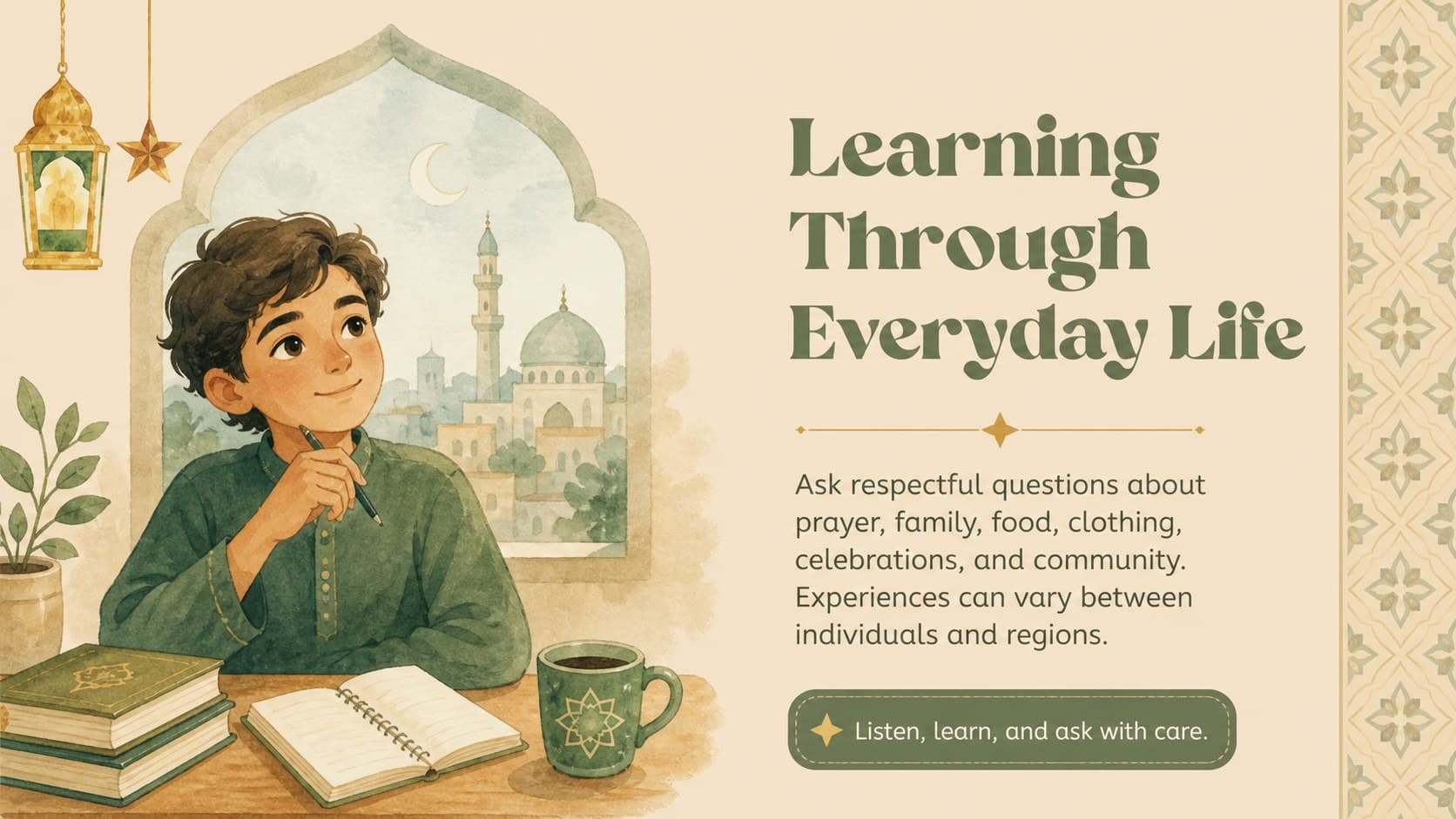 Islam culture lesson slide explaining daily practices with an original illustrated classroom scene.