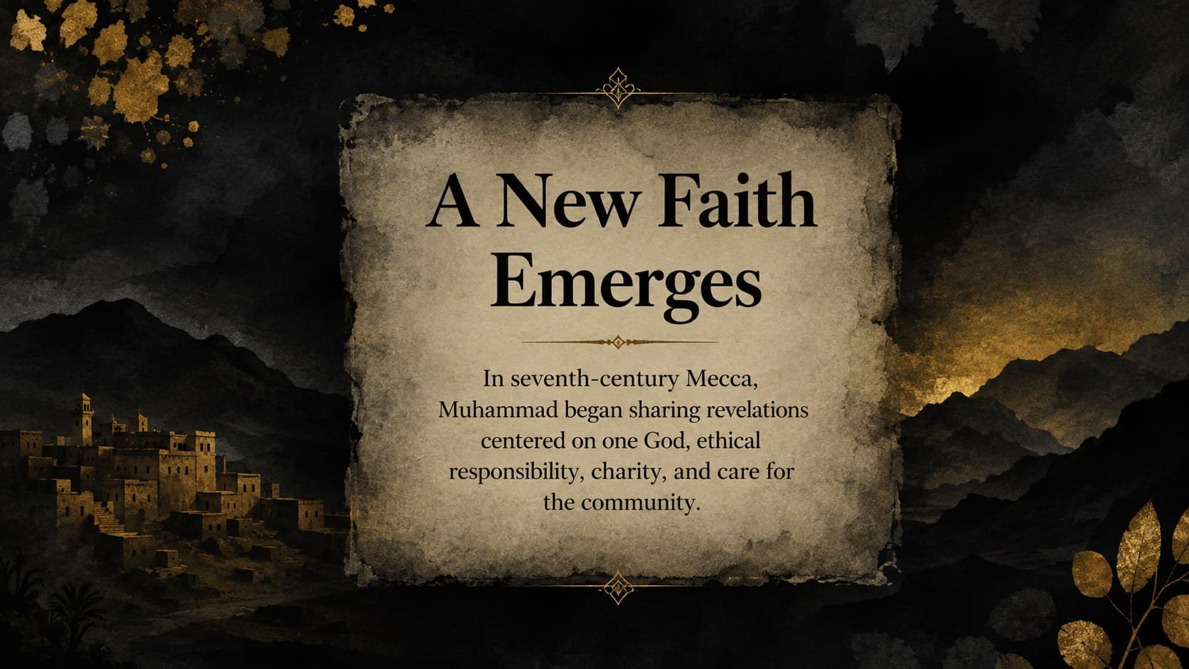 Islamic history timeline presentation slide introducing Muhammad and the beginnings of Islam.