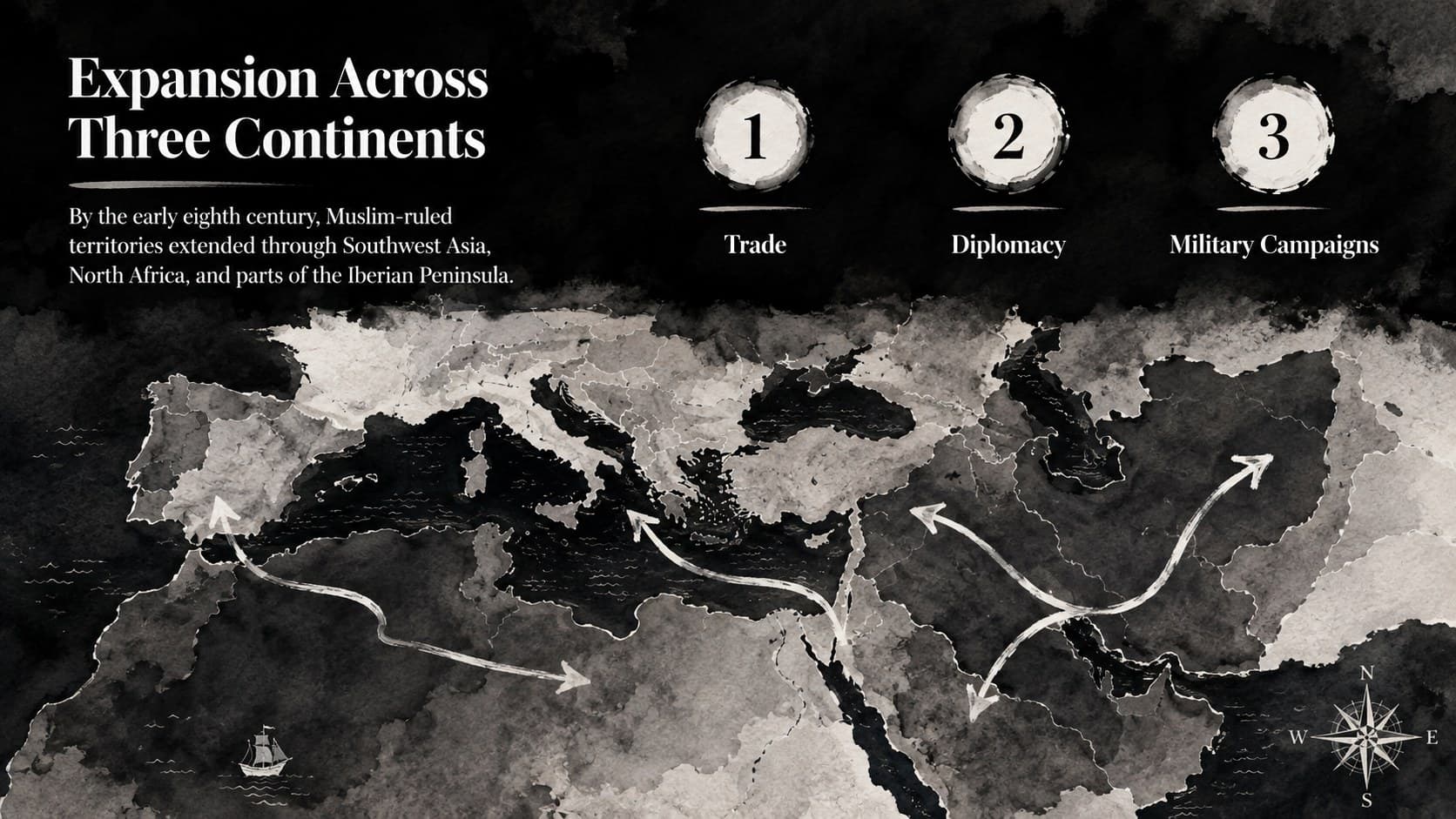 Spread of Islam map lesson showing expansion across North Africa, Southwest Asia, and the Iberian Peninsula.
