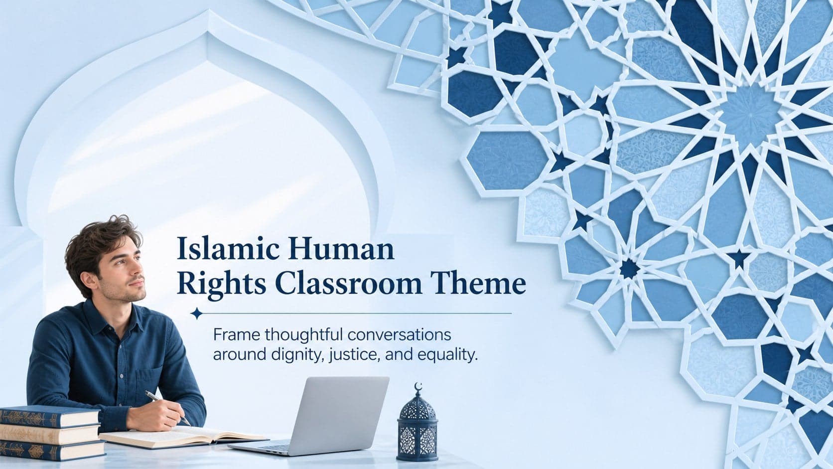 Cover for an Islamic human rights classroom theme with blue geometric ornament and an academic title layout.