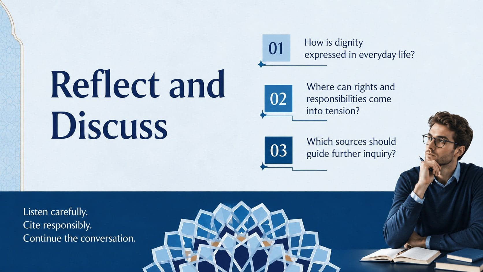 Human dignity in Islam reflection slide featuring discussion questions in a calm blue academic layout.