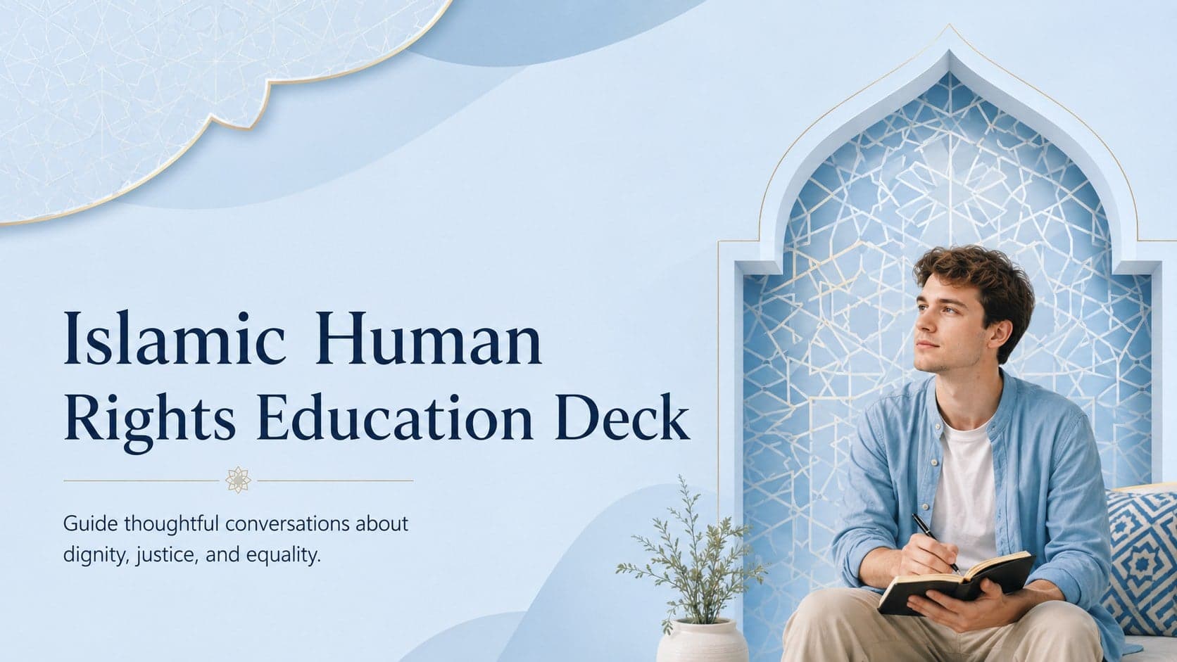 Cover of an Islamic human rights education deck with elegant blue geometric ornament and a dignity-focused subtitle.