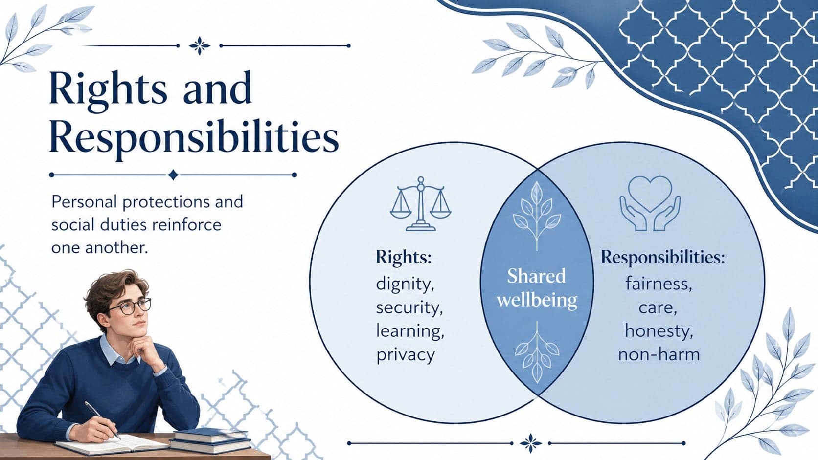Rights and responsibilities diagram showing the relationship between personal freedoms and community duties.