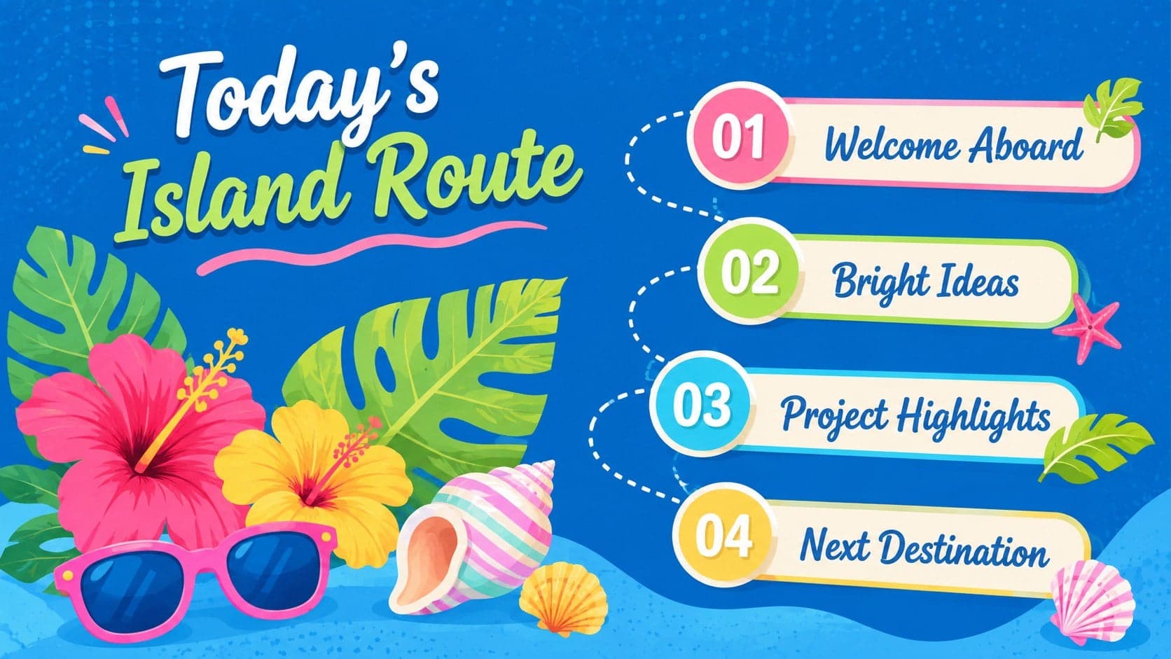 Tropical presentation agenda slide listing four sections beside colorful island foliage.