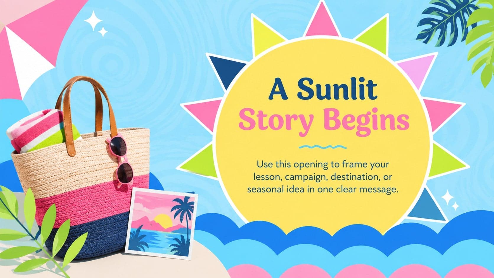 Blue summer island theme slide introducing a sunlit story with concise presentation copy.