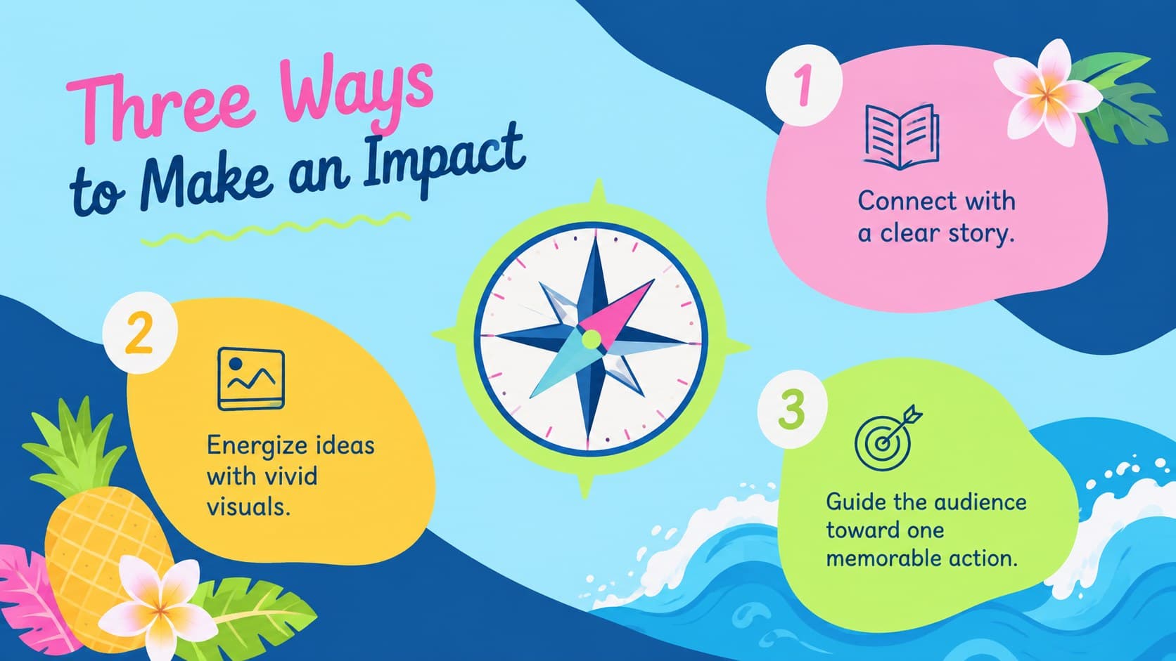 Colorful tropical presentation template showing three key ideas with fruit and flower illustrations.