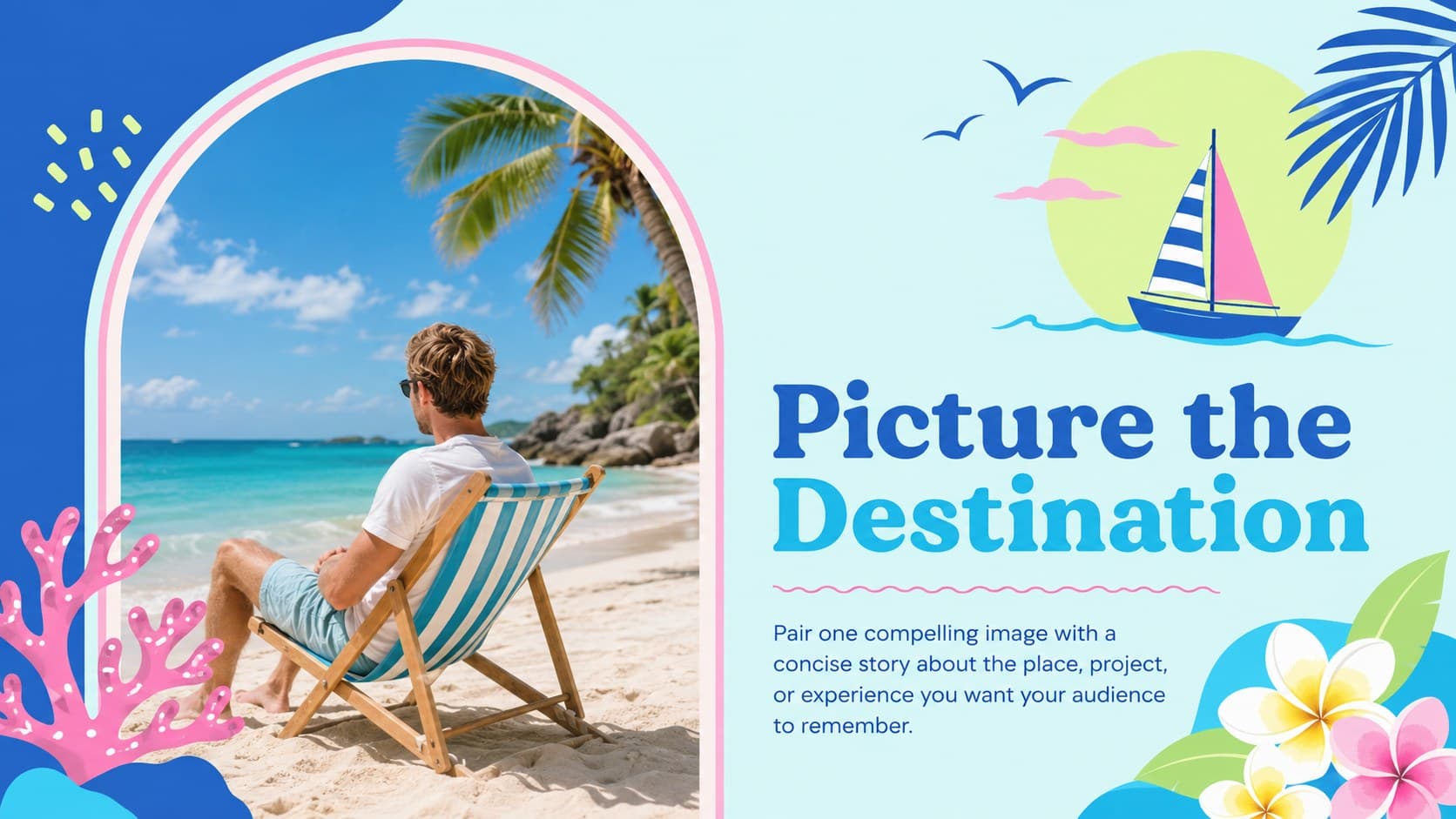 Illustrated island theme slide featuring a large travel photograph and a short destination narrative.