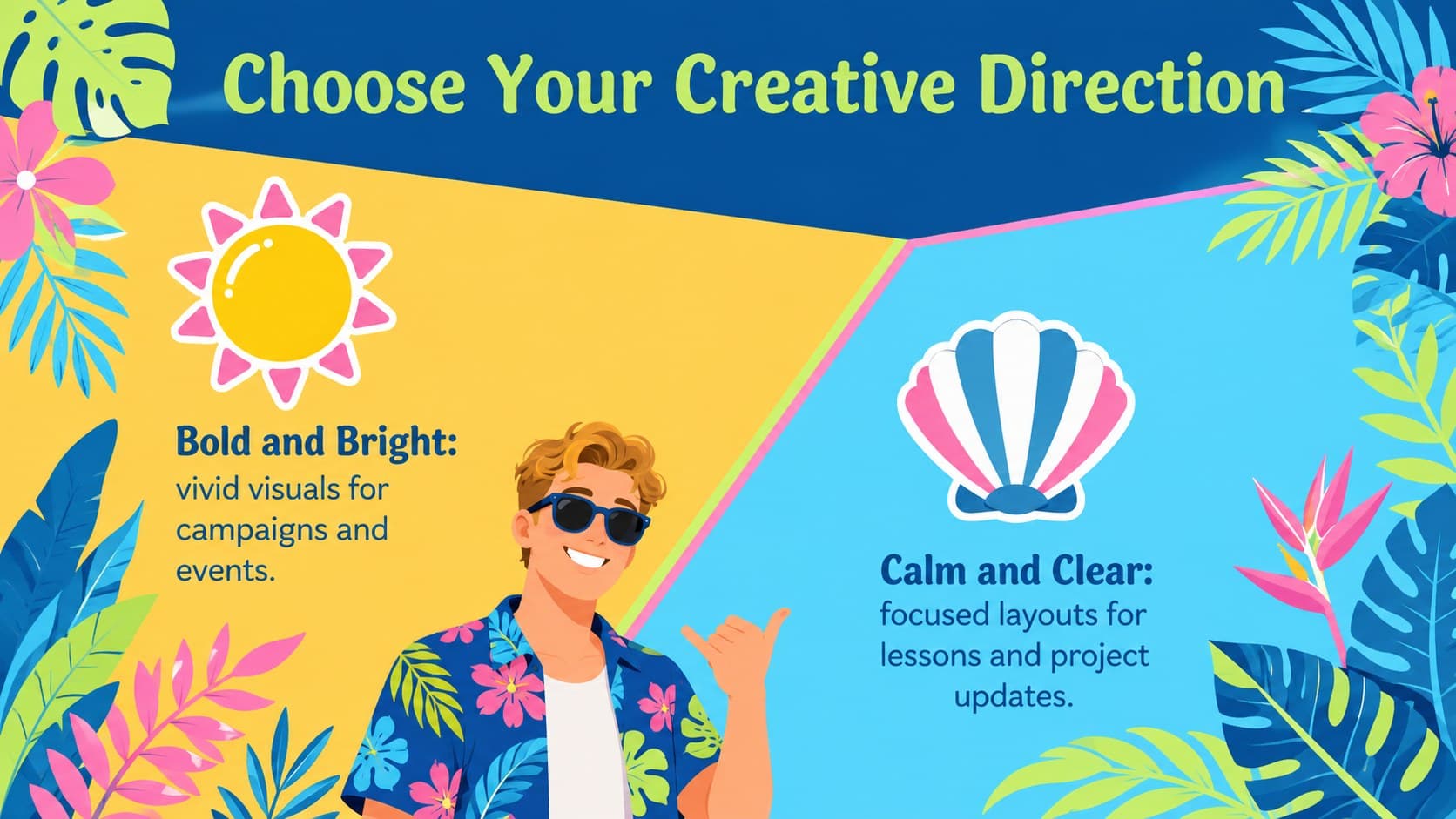 Summer island PowerPoint theme slide comparing two creative directions with beach-inspired illustrations.