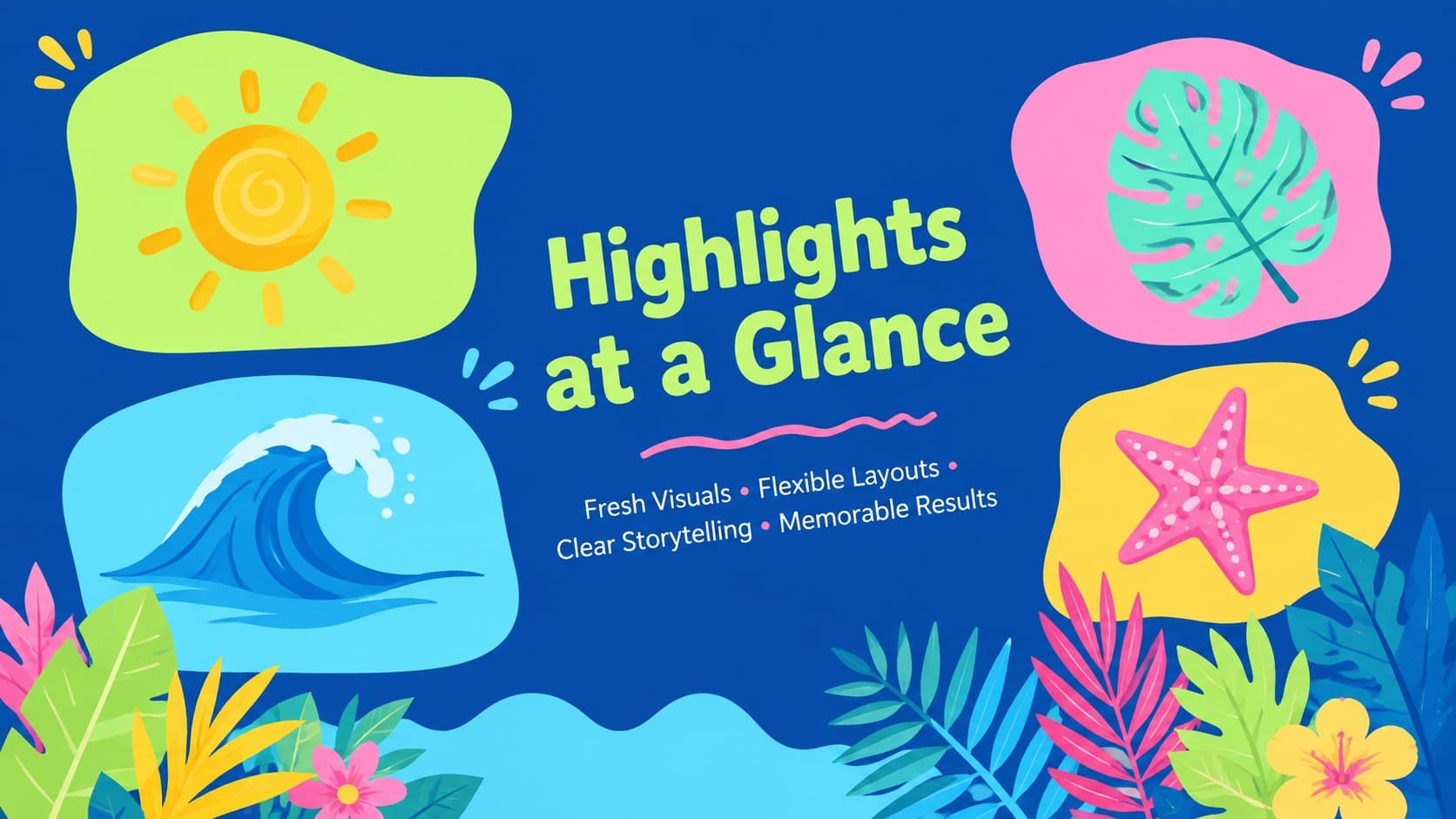 Bright botanical slide deck displaying four project highlights with colorful tropical icons.