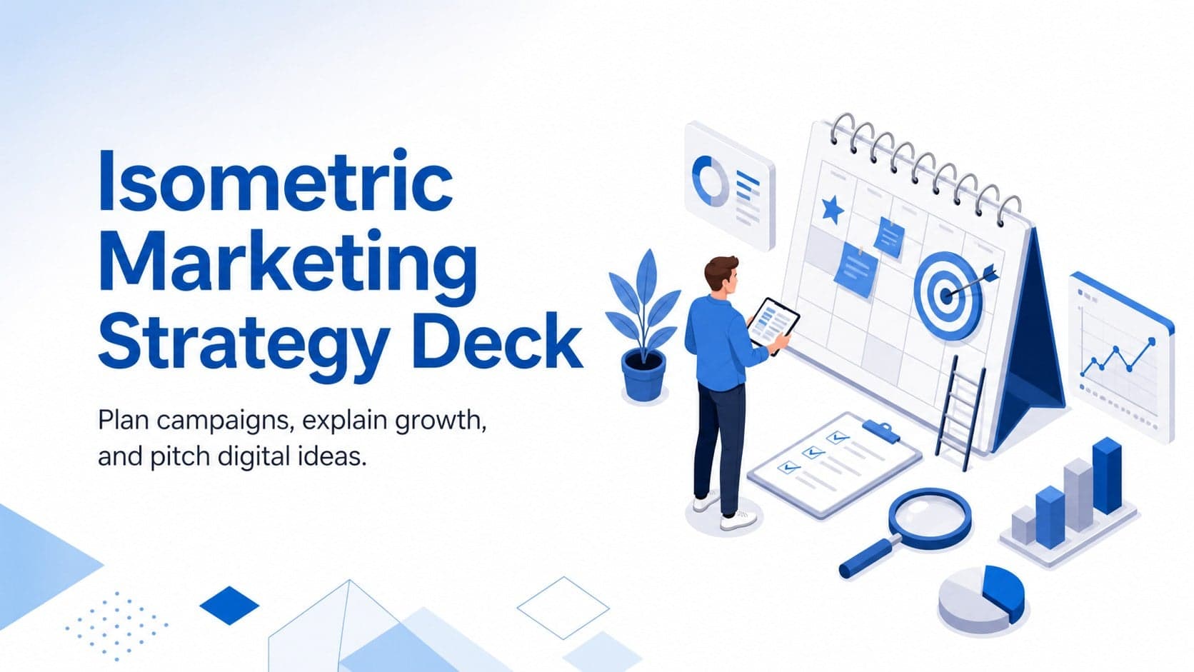 Cover slide for an isometric marketing strategy deck with blue business illustrations and a clean white background.
