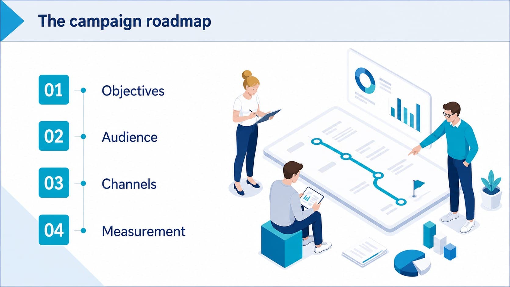 Agenda slide outlining campaign planning sections in a blue isometric marketing presentation.