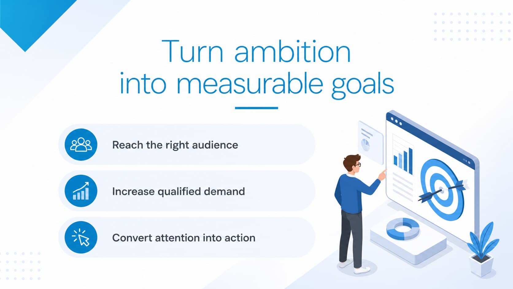 Marketing objectives slide with isometric target and planning visuals in a blue business theme.