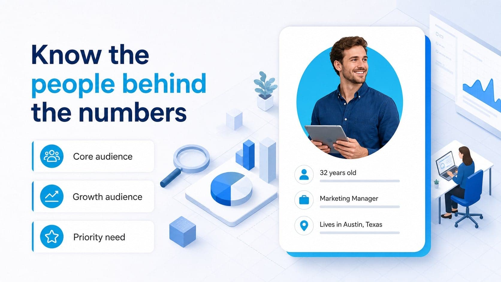Audience profile slide showing customer segments with blue isometric people and interface graphics.