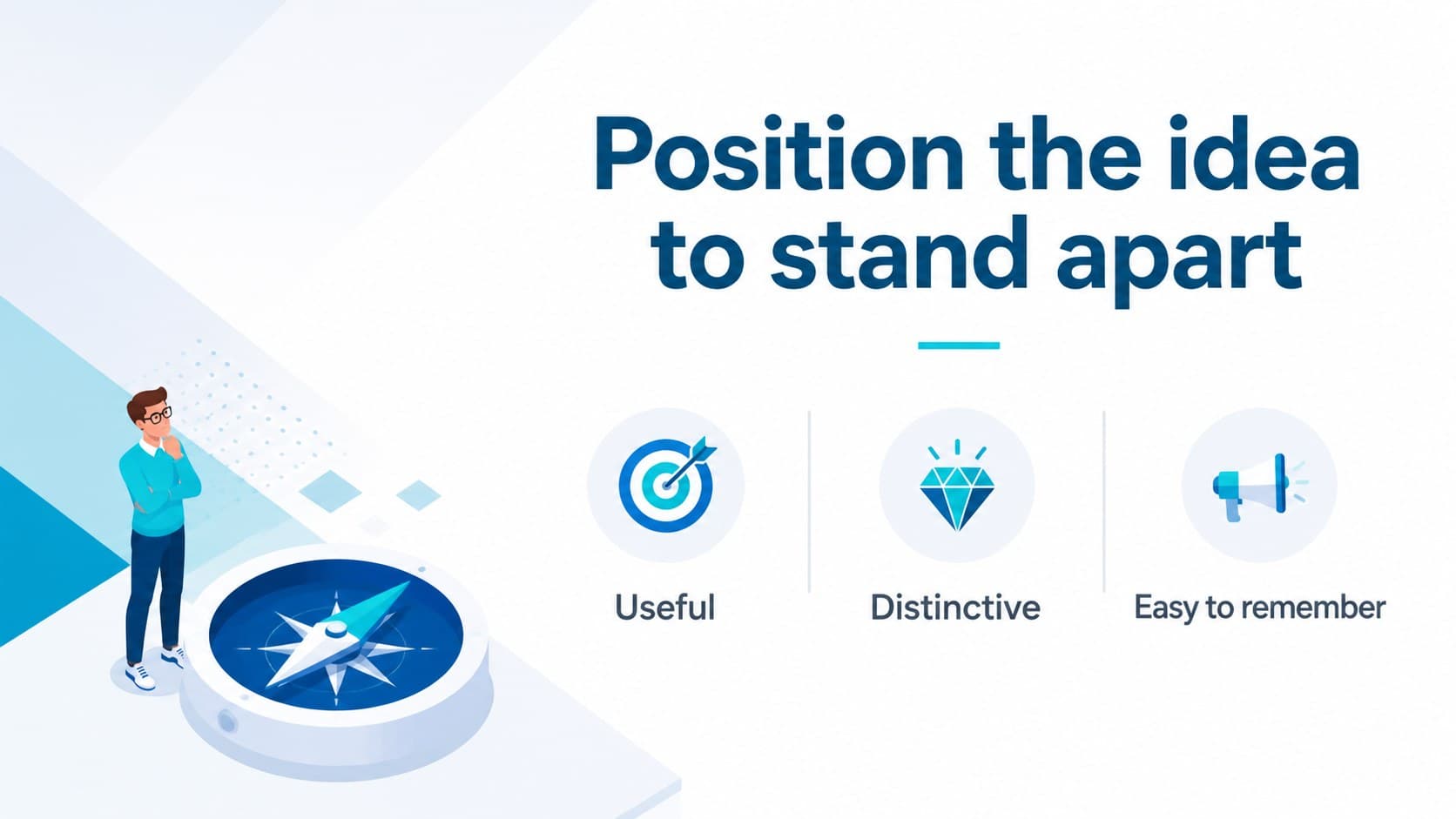 Brand positioning slide with a blue isometric compass and concise marketing strategy statements.