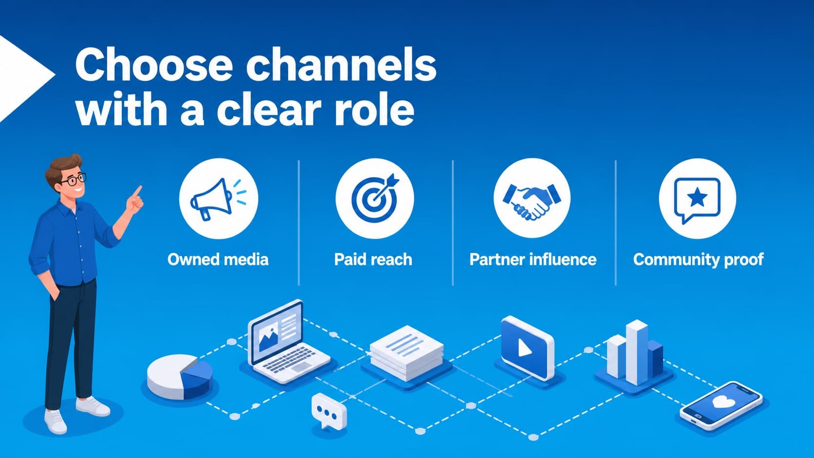 Channel planning slide comparing digital marketing channels with blue isometric platform illustrations.