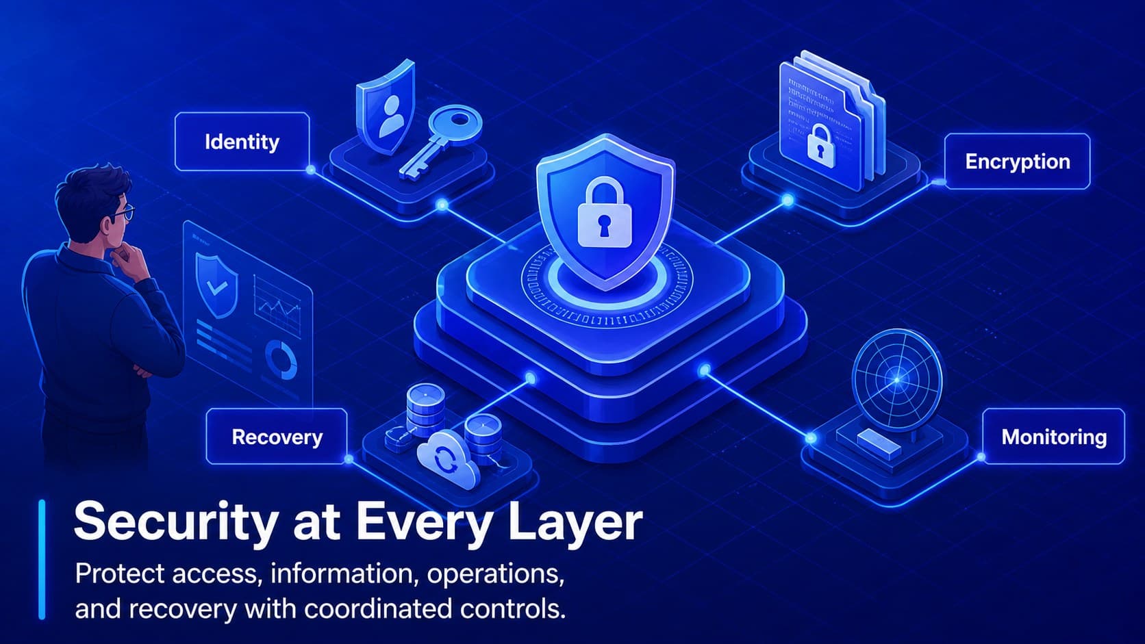 Cybersecurity concept slide illustrating identity, encryption, monitoring, and recovery protection layers.