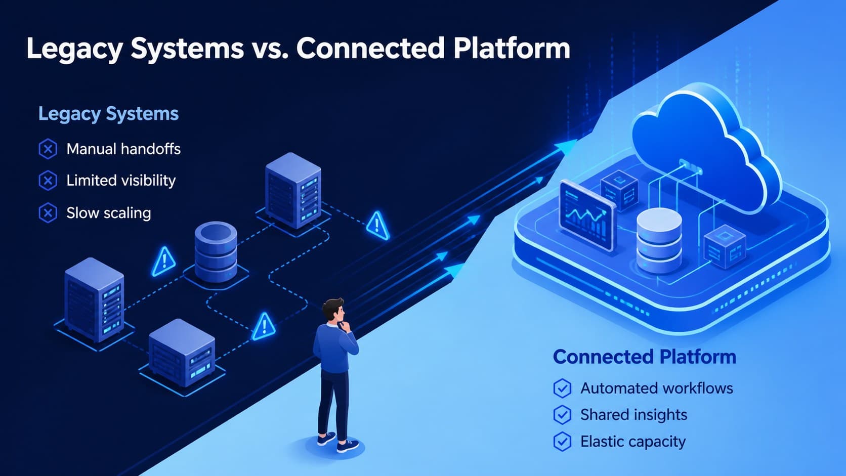 Technology solution comparison slide contrasting legacy systems with a connected cloud platform.