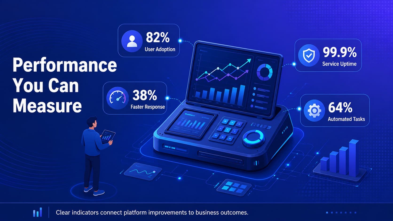 Blue gradient technology data slide with adoption, uptime, response time, and automation metrics.