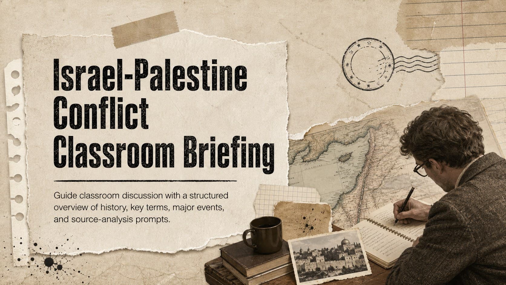 Beige scrapbook cover for an Israel-Palestine conflict classroom briefing with layered paper and archival map details.
