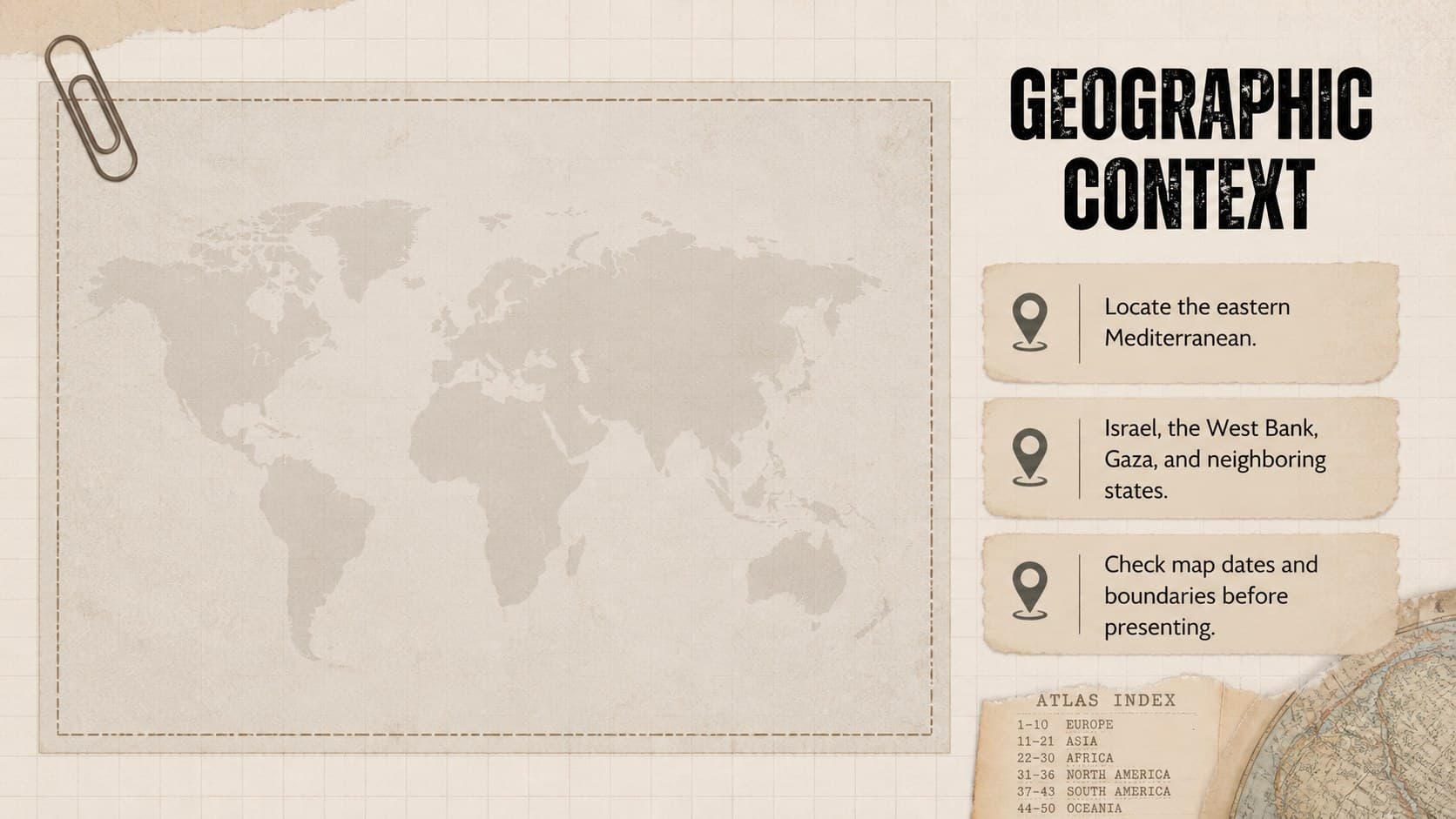 Geographic context slide for a Middle East history lesson with editable map and location notes.