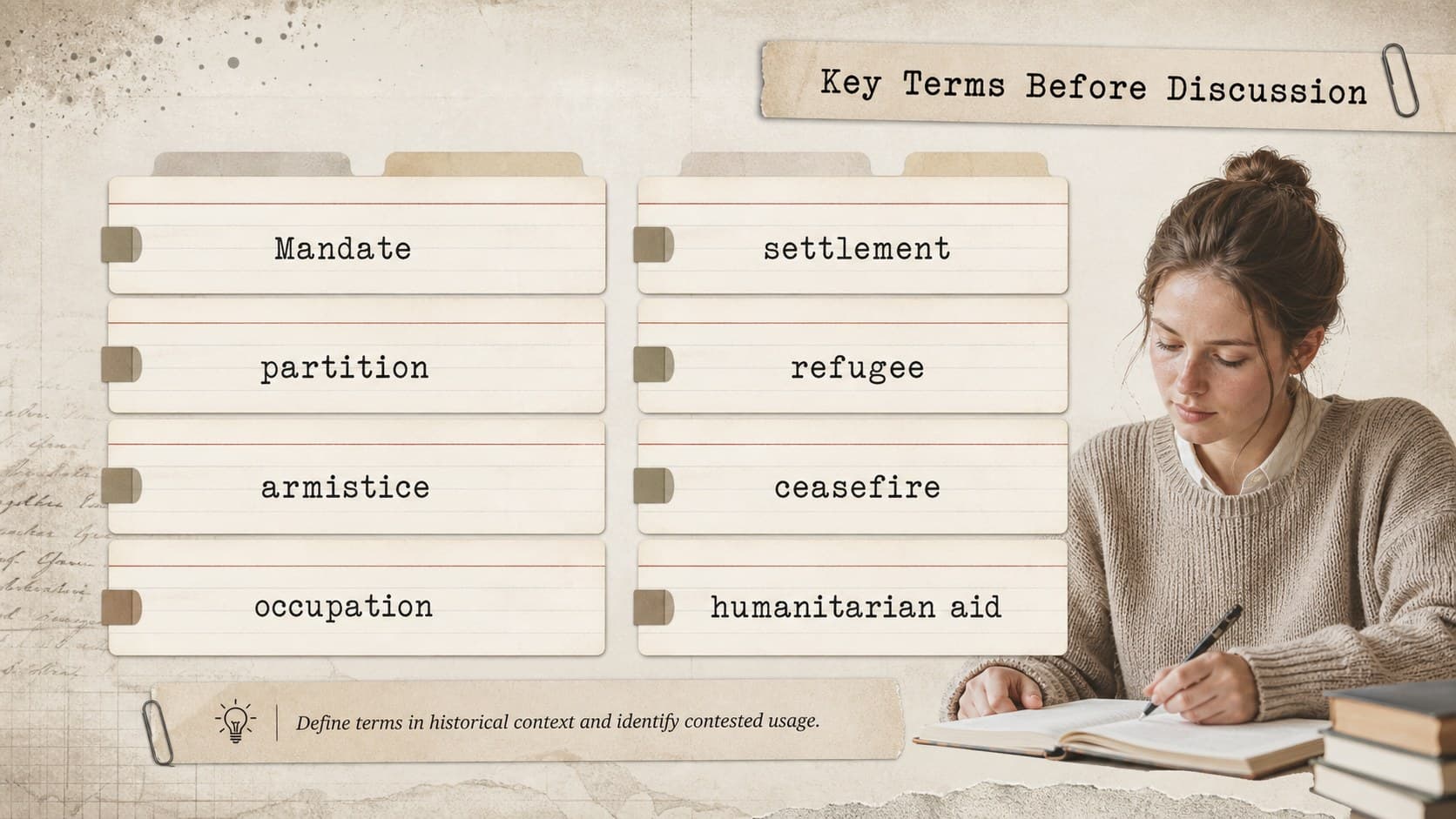 Key terminology slide defining essential language for an Israel-Palestine classroom discussion.