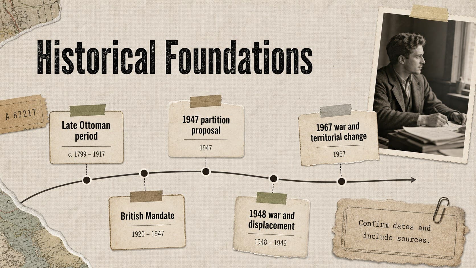 Historical foundations timeline slide covering major periods in the Israel-Palestine conflict.