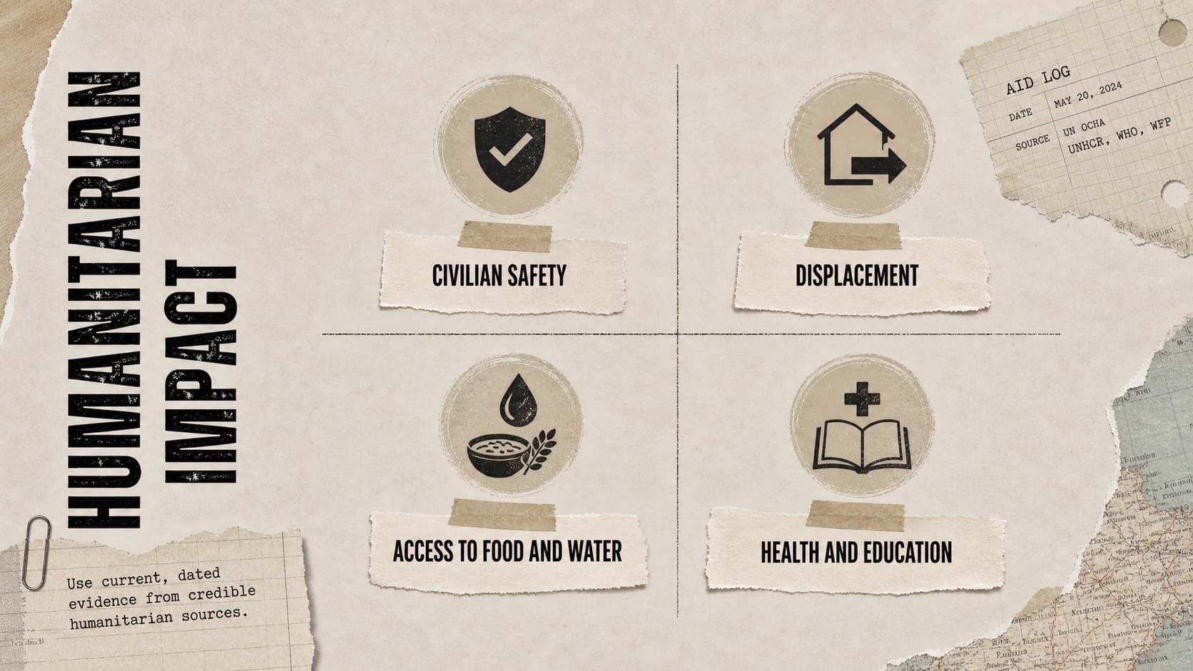 Humanitarian impact slide with editable evidence categories for a Middle East history presentation.