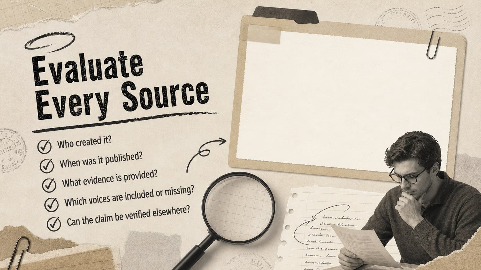 Source analysis slide showing a checklist for evaluating reports, maps, images, and quotations.