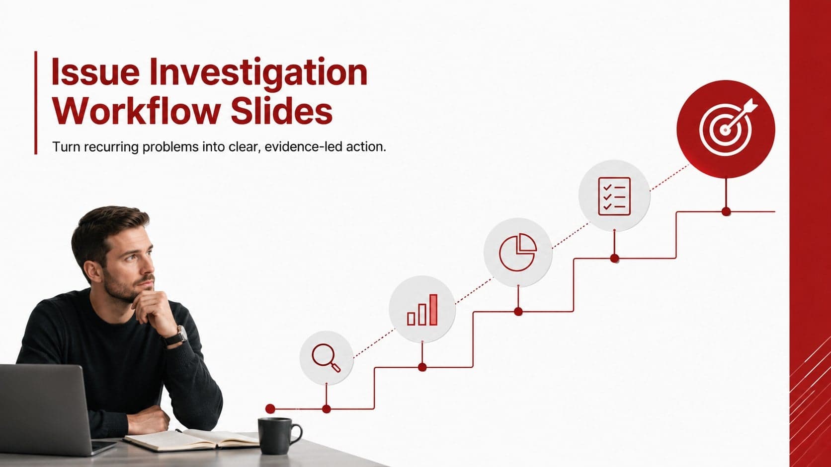 Cover for Issue Investigation Workflow Slides with bold red typography and a structured evidence-to-action diagram.
