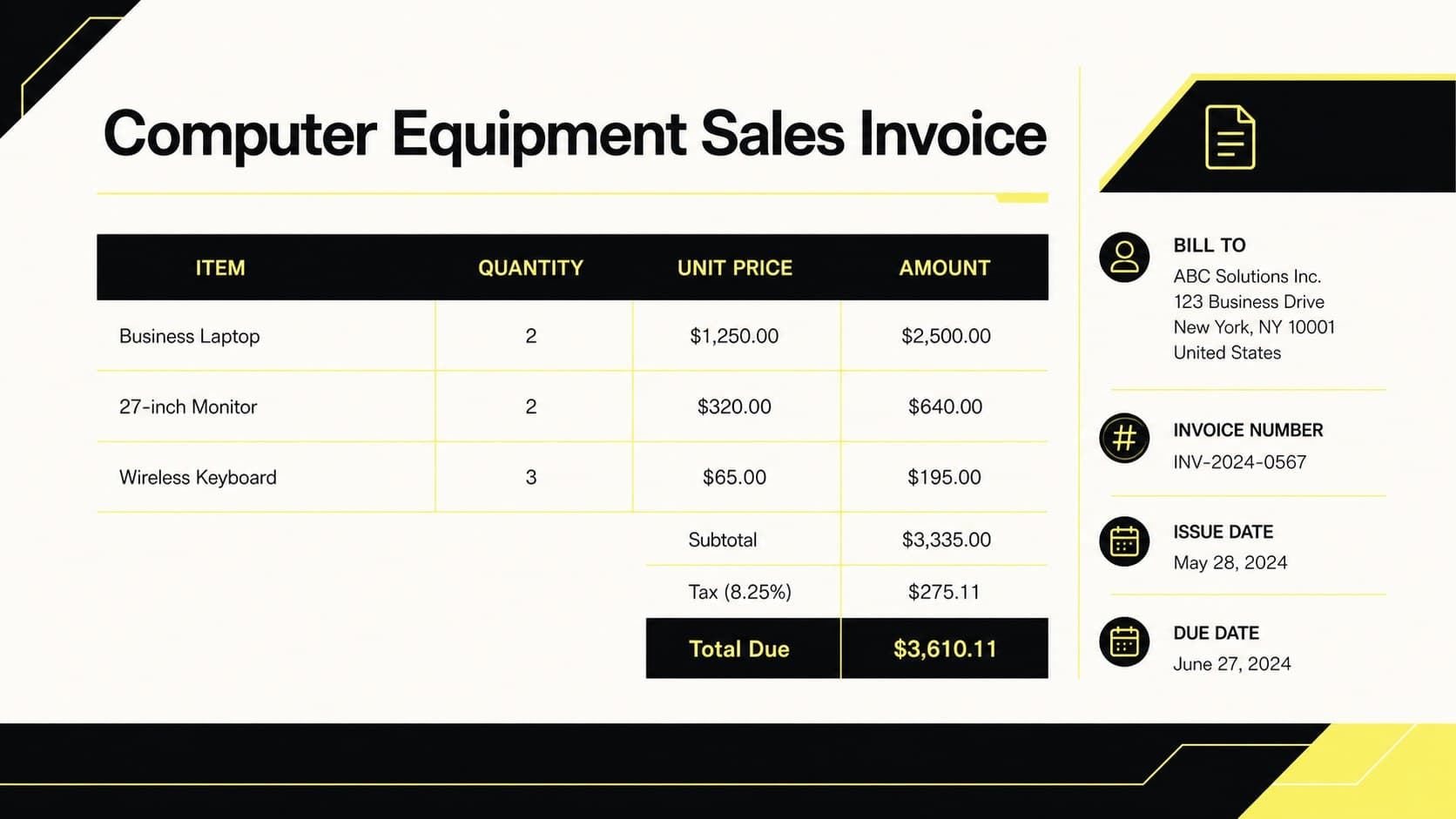 Itemized computer equipment sales invoice showing products, quantities, prices, tax, and total in a clear billing table.