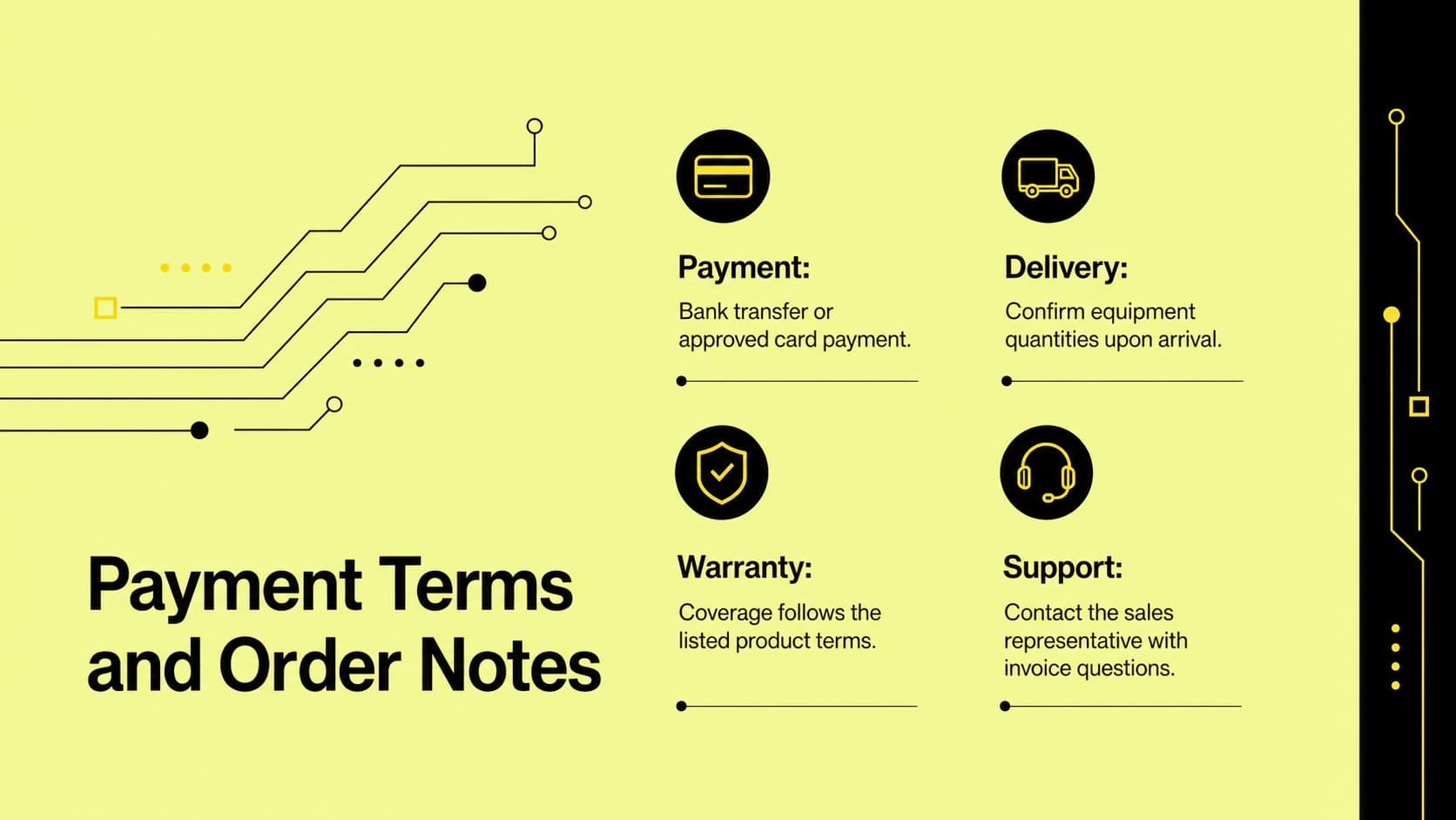 Technology product invoice terms slide outlining payment instructions, delivery details, warranty coverage, and customer notes.