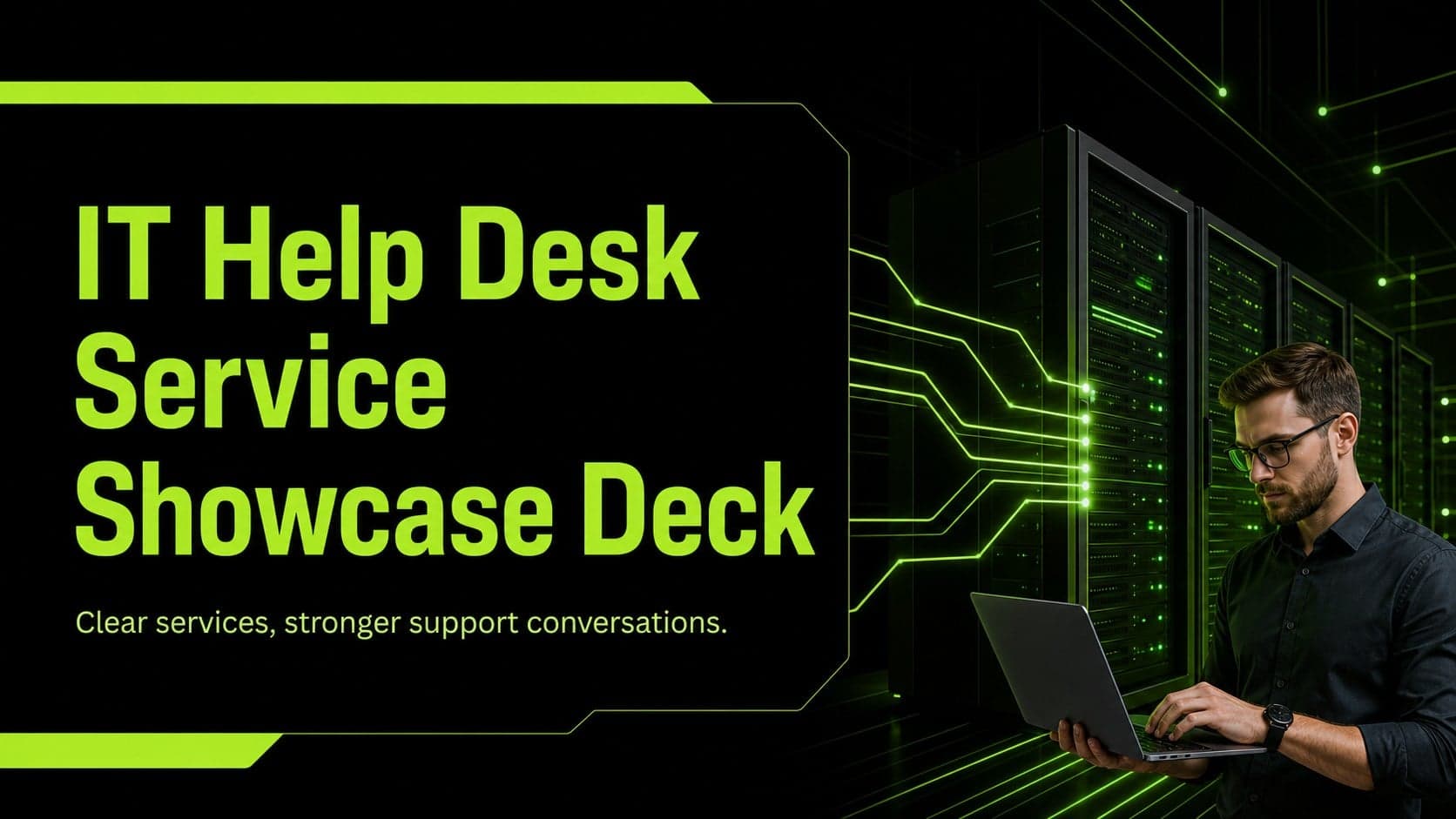 Cover slide for an IT help desk service deck with a bold black-and-green technical support visual.