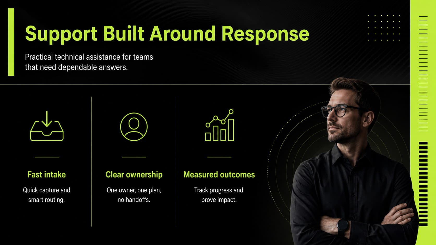 IT support company profile slide introducing the help desk team and service promise.