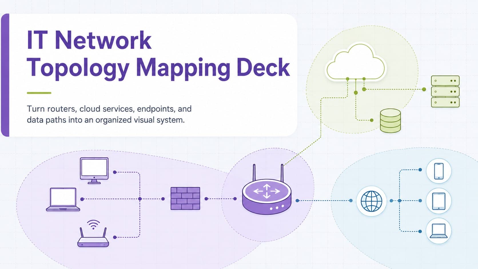 Cover of an IT network topology mapping deck with connected cloud, router, server, and endpoint symbols.