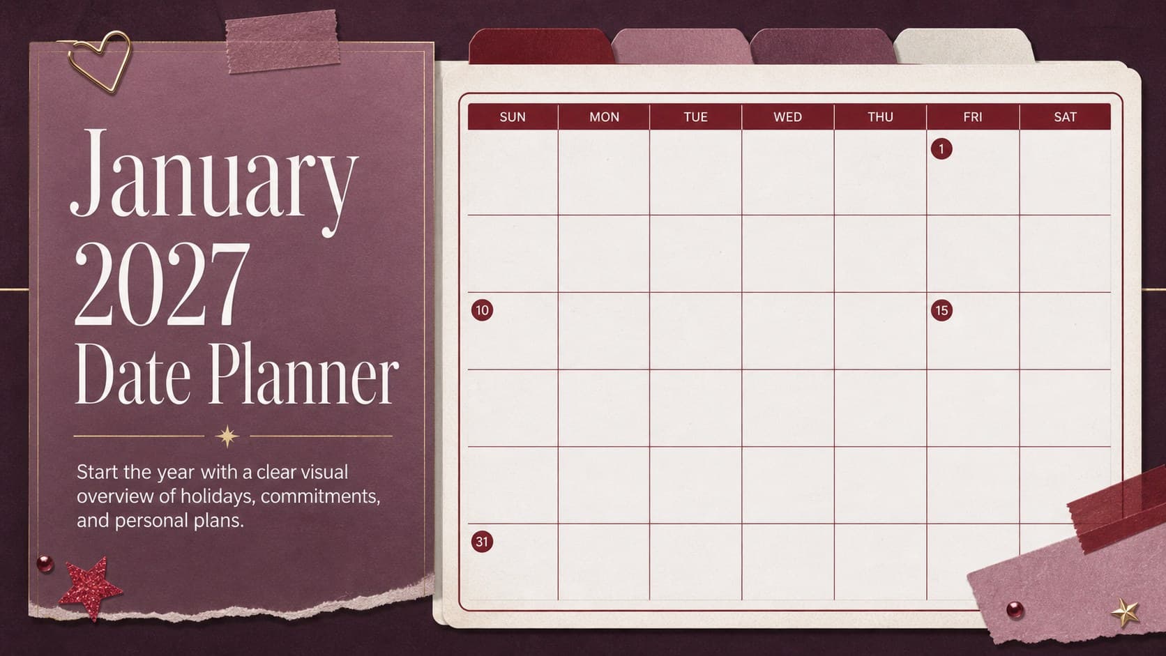 Red January 2027 date planner cover with an elegant monthly calendar motif and organized planning details.