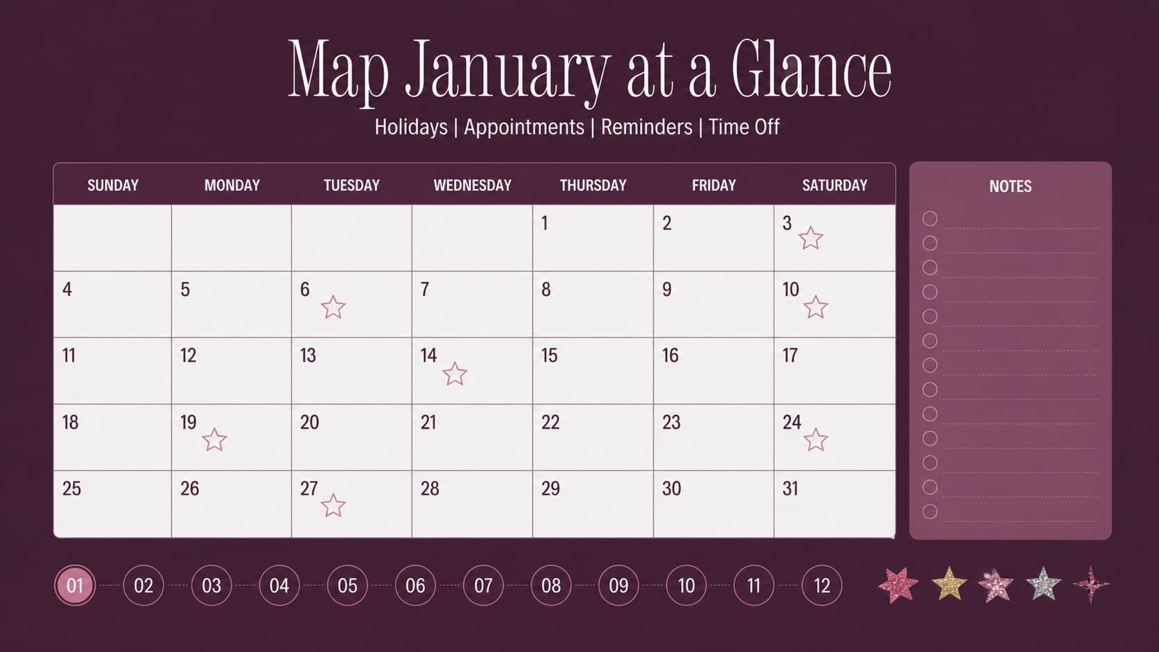 January 2027 monthly planning calendar showing holidays, appointments, and reminders in a red editorial layout.