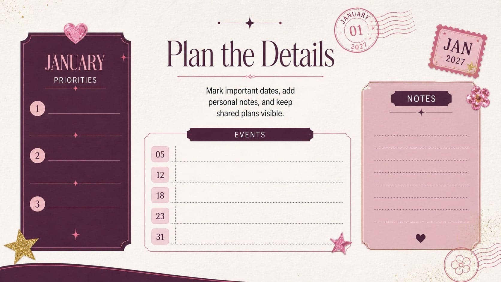 Editable January schedule overview with note areas and holiday markers for a printable January calendar template.