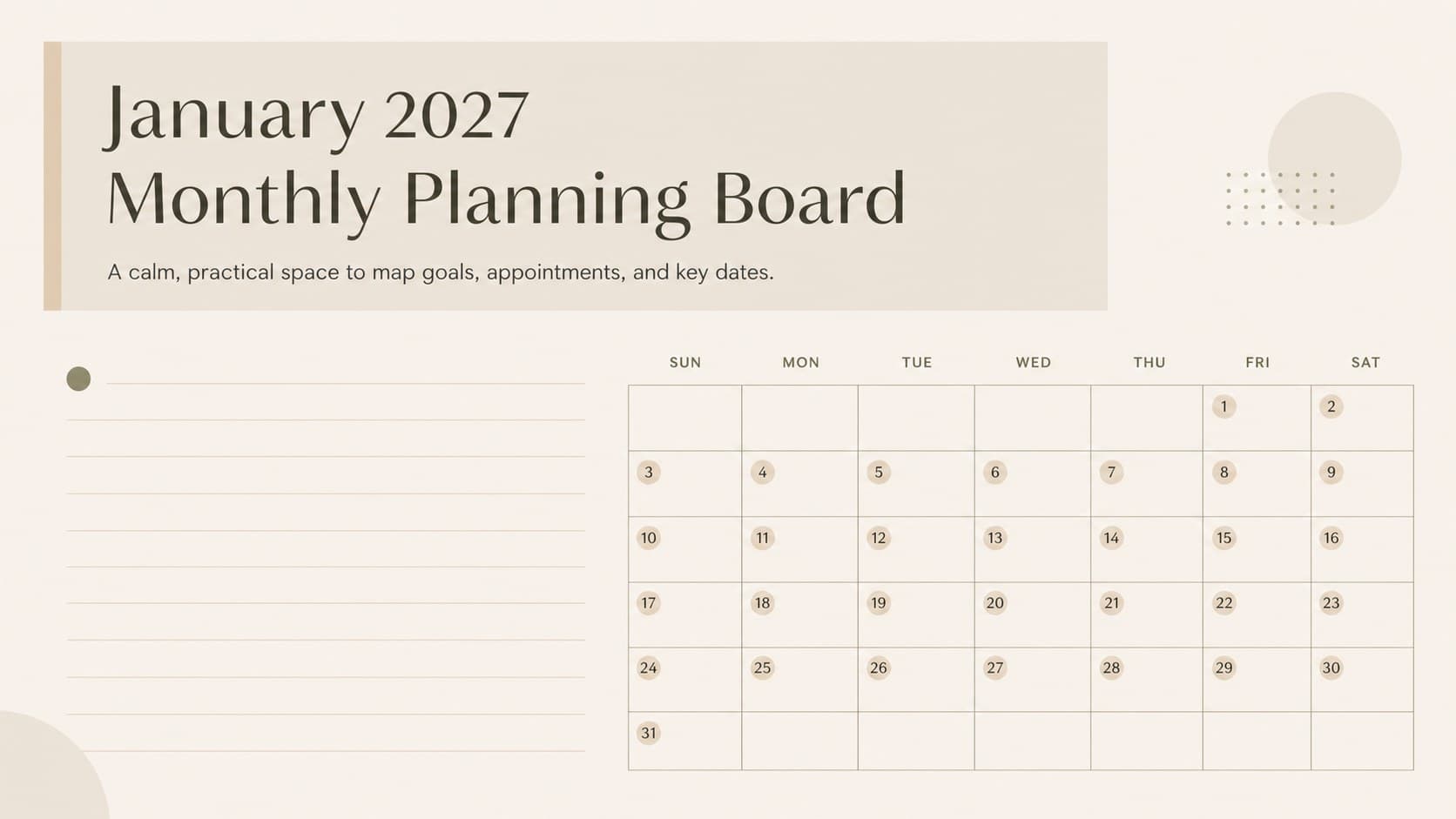 Minimalist beige cover slide for a January 2027 planning board with a monthly organization theme.