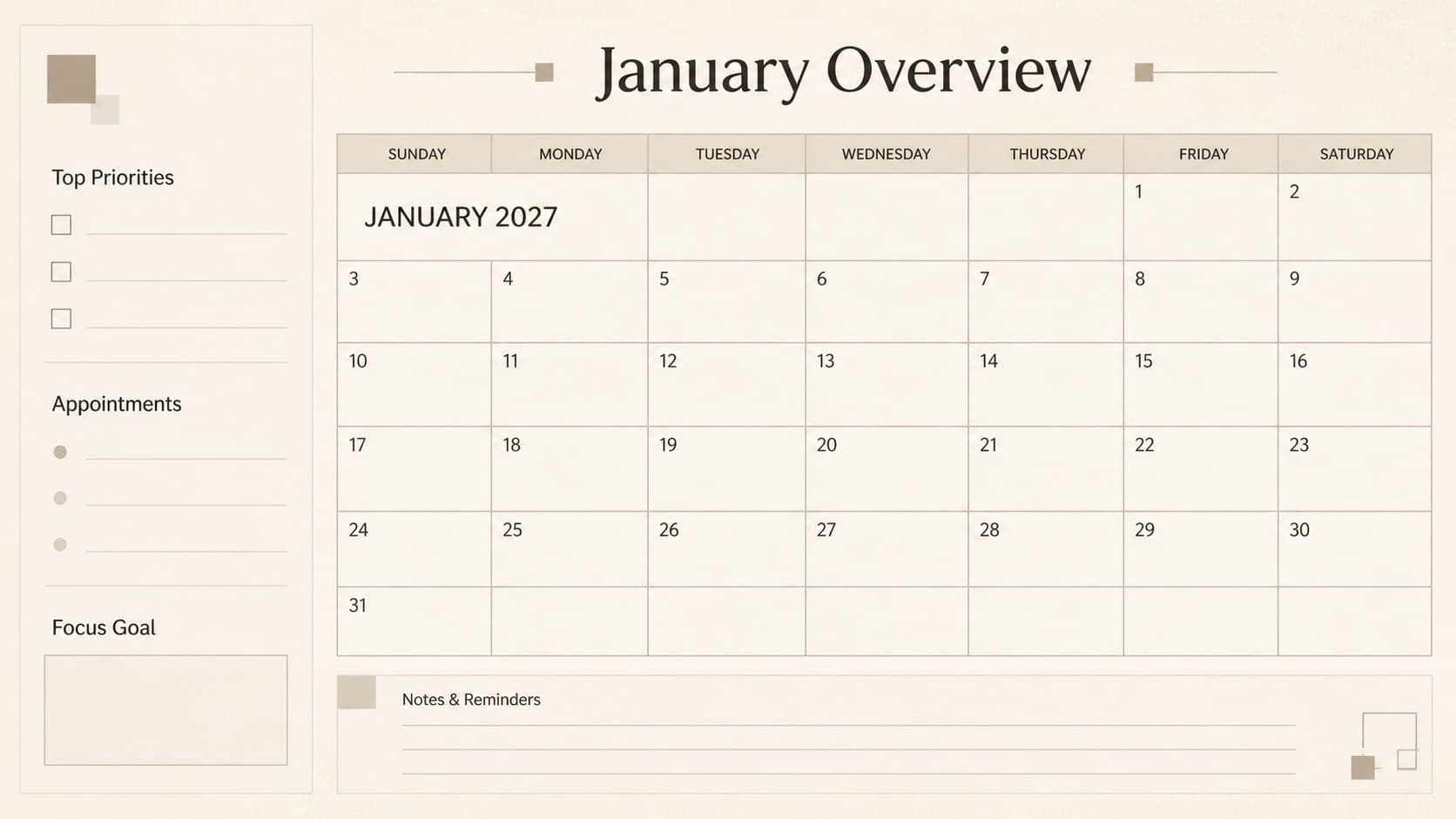 Beige January monthly overview slide showing dated planning sections and goal-setting notes.