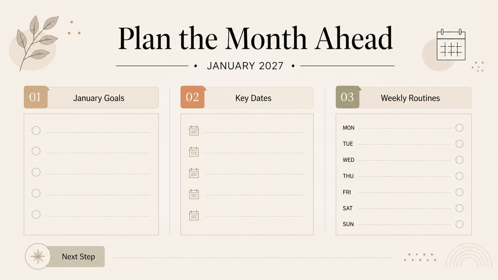 Simple beige planning worksheet slide with January priorities, routines, and important dates.