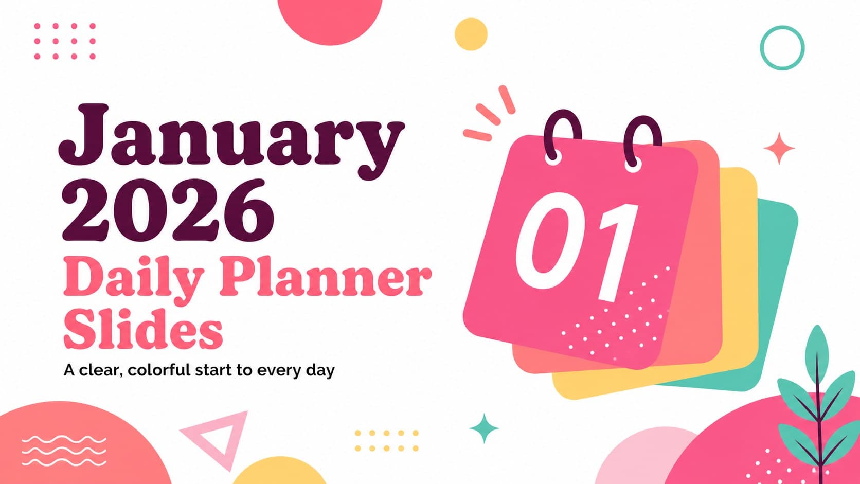 Colorful geometric cover for January 2026 daily planner slides with a bright pink calendar-inspired layout.