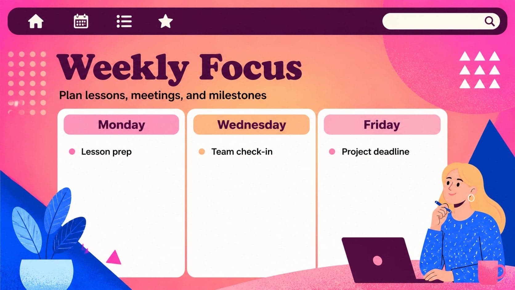 Weekly focus planning layout showing priorities and schedule blocks in an editable classroom calendar presentation.