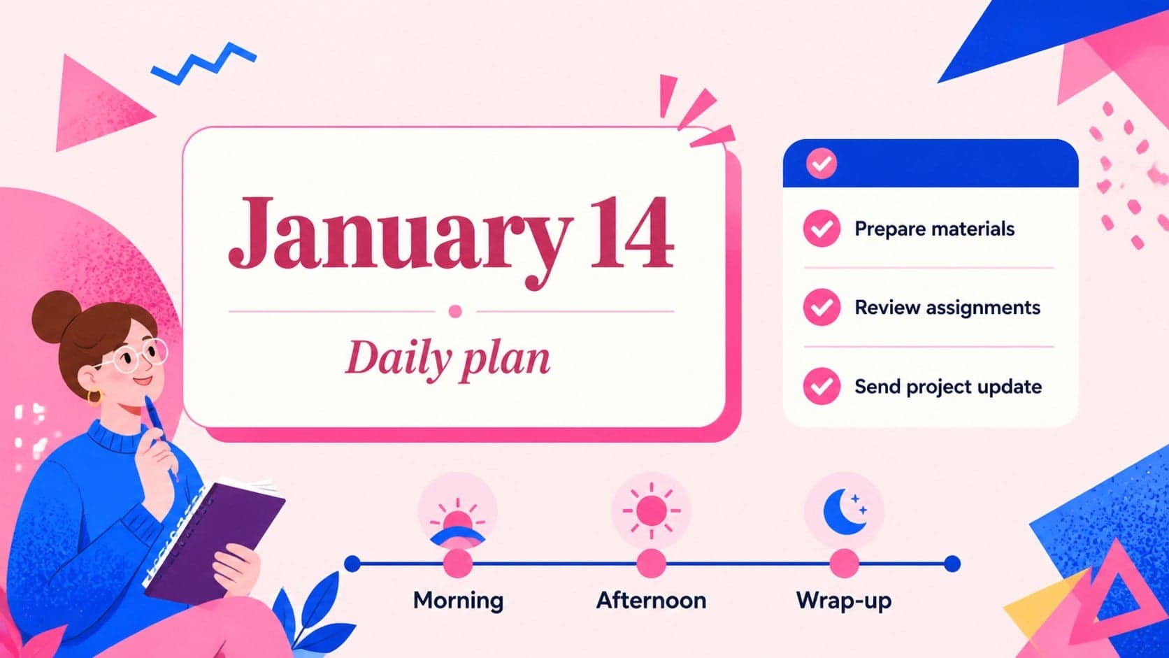 Daily schedule slide with color-coded priorities, notes, and milestone tracking for January work planning.