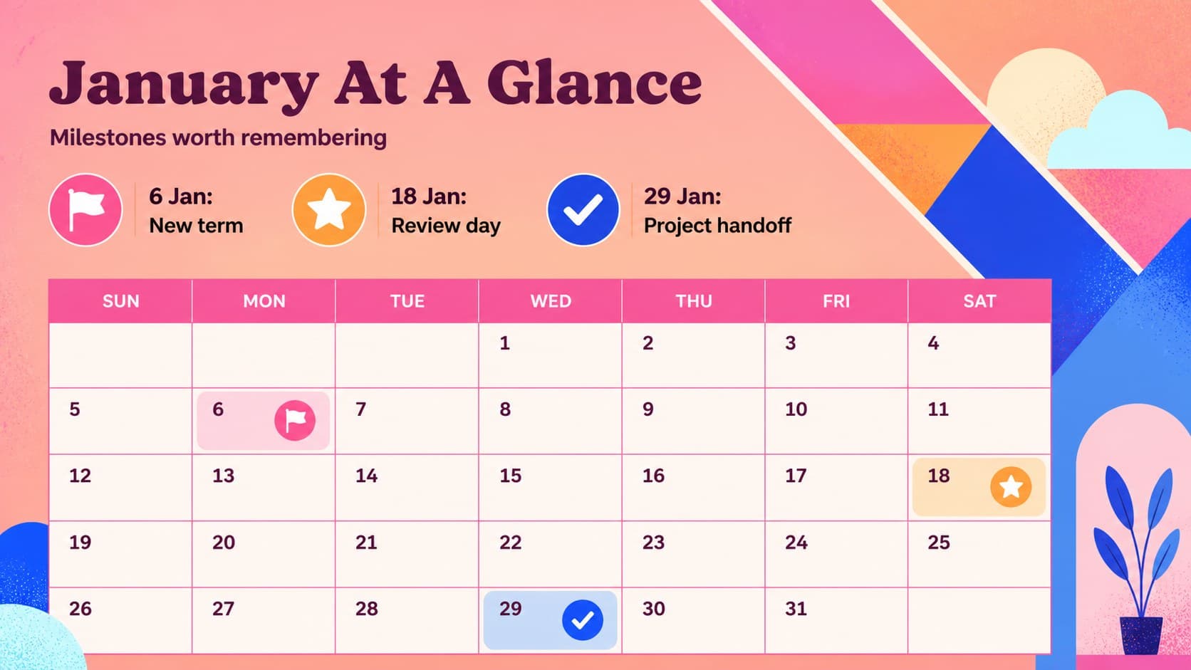 Monthly overview and milestone timeline for geometric time management slides in a bright January planning deck.